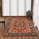Luxury handwoven rectangular red rug with intricate floral patterns on wooden floor in modern room
