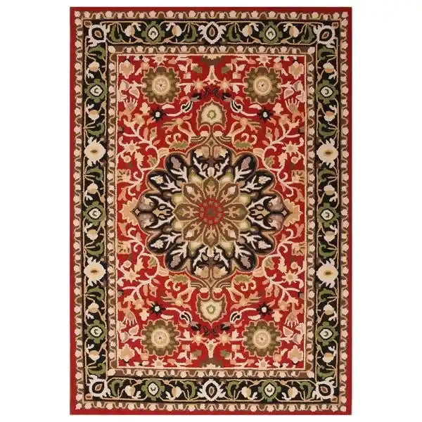 Hand-tufted luxury rug with intricate floral and medallion pattern in red, green, and beige tones