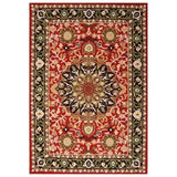 Hand-tufted luxury rug with intricate floral and medallion pattern in red, green, and beige tones