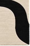 A square area rug with an abstract wavy pattern in black and warm off-white.
