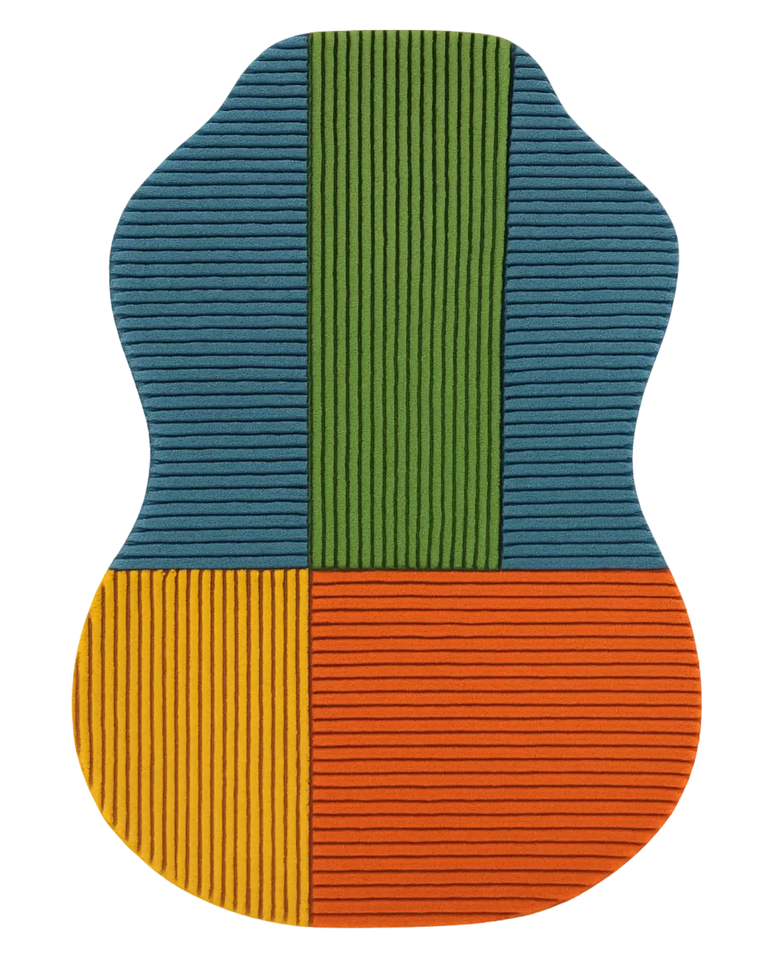 Hand-tufted guitar-shaped rug in multicolor geometric wool design.