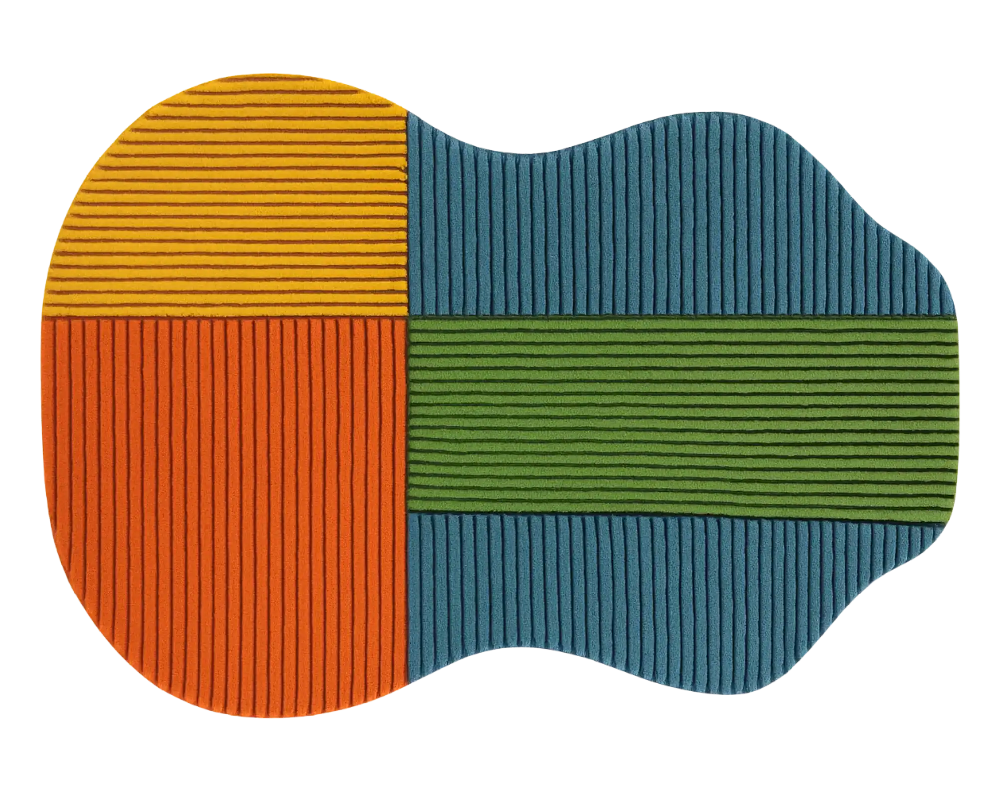 Modern guitar area rug featuring blue, green, orange, and mustard panels.