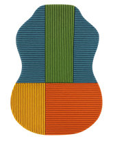 Hand-tufted guitar-shaped rug in multicolor geometric wool design.