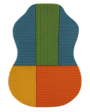 Hand-tufted guitar-shaped rug in multicolor geometric wool design.