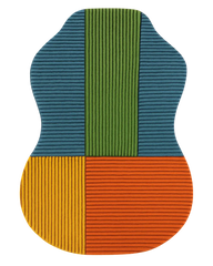 Hand-tufted guitar-shaped rug in multicolor geometric wool design.