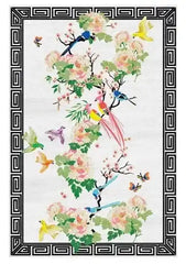 Luxury floral hand-tufted rug with colorful birds and intricate black geometric border by Mannat Rugs