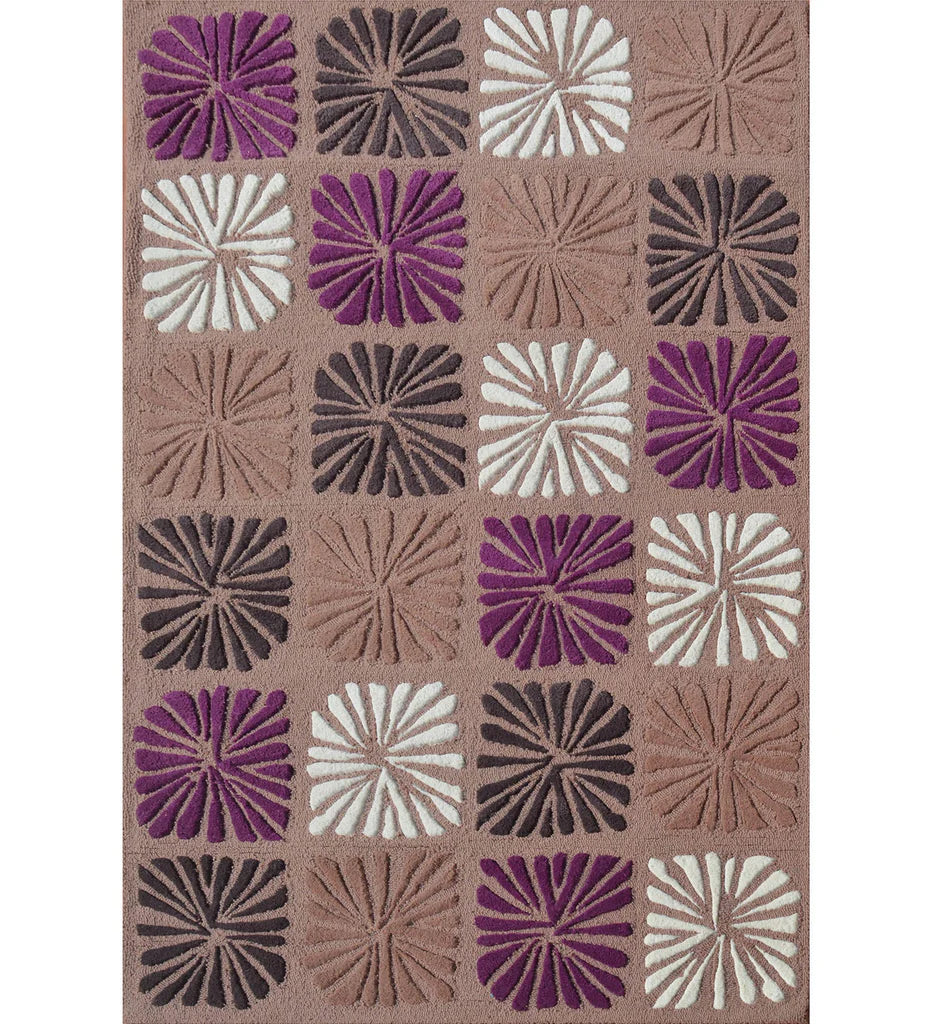 Floral block hand-tufted wool rug with purple, white, and brown motifs
