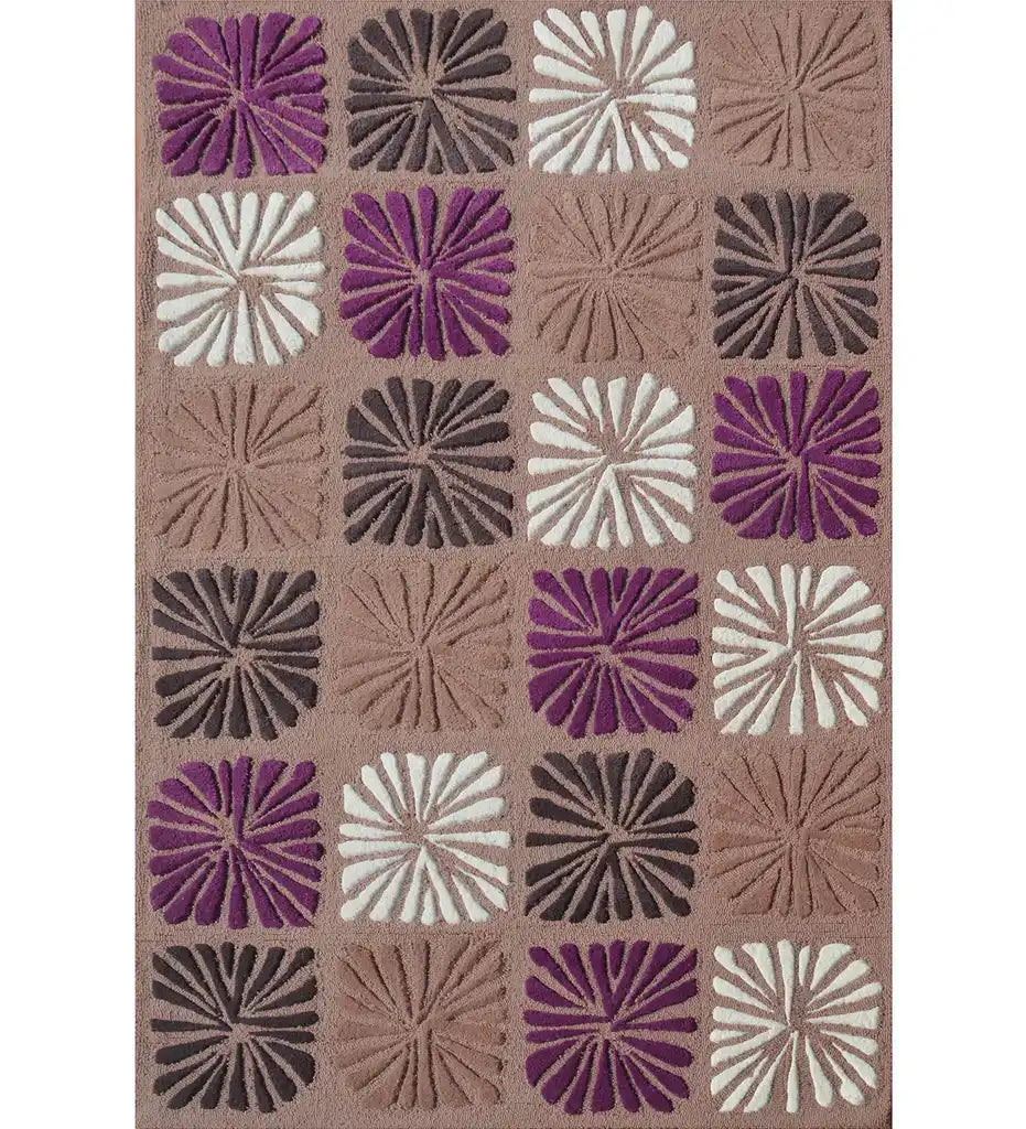 Multicolor floral block wool rug with purple, white, dark brown, and beige raised patterns