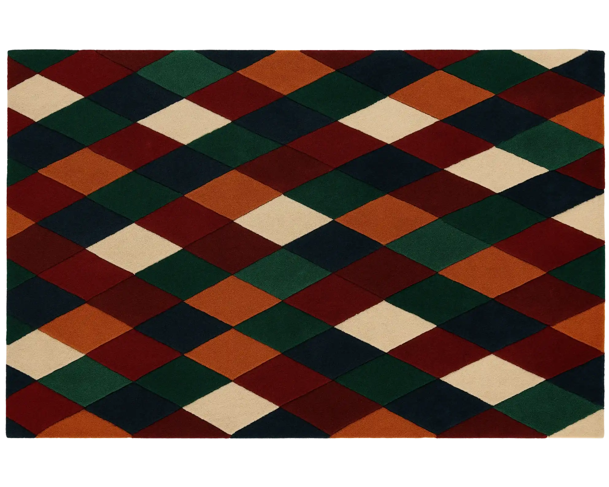 Vibrant geometric wool rug with multicolor diamond layout.