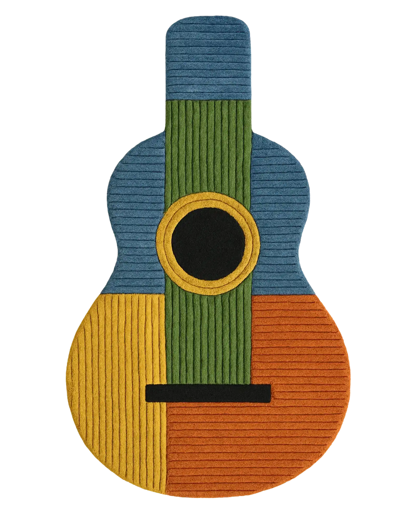 Hand-tufted wool guitar-shaped rug in multicolor geometric design.