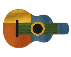 Modern guitar area rug featuring yellow, green, blue, and orange color blocks.