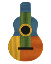 Hand-tufted wool guitar-shaped rug in multicolor geometric design.