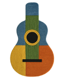 Hand-tufted wool guitar-shaped rug in multicolor geometric design.