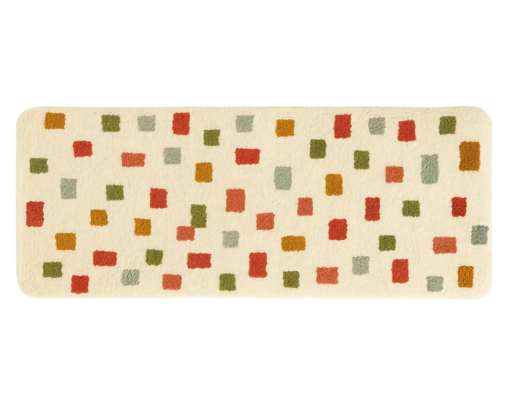 Modern wool runner rug featuring red, sage, mustard, and olive blocks.