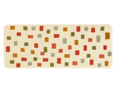 Modern wool runner rug featuring red, sage, mustard, and olive blocks.
