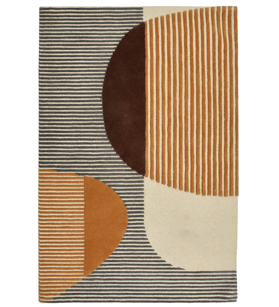 Modern abstract wool rug with gold, brown, ivory, and gray geometric design