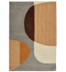 Modern abstract wool rug with gold, brown, ivory, and gray geometric design