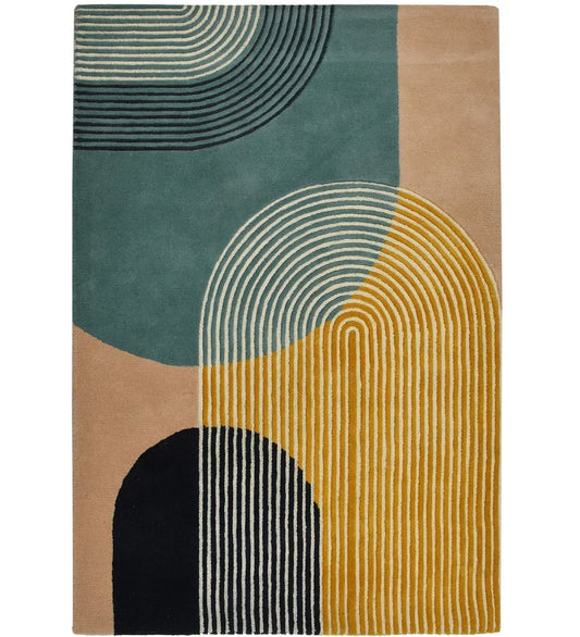 Geometric patterned rug with abstract shapes in green, brown, yellow, and black in hand tufted rug.