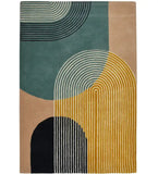Multicolor modern geometric rug with arched lines in teal, mustard, black, and beige by Mannat Rugs