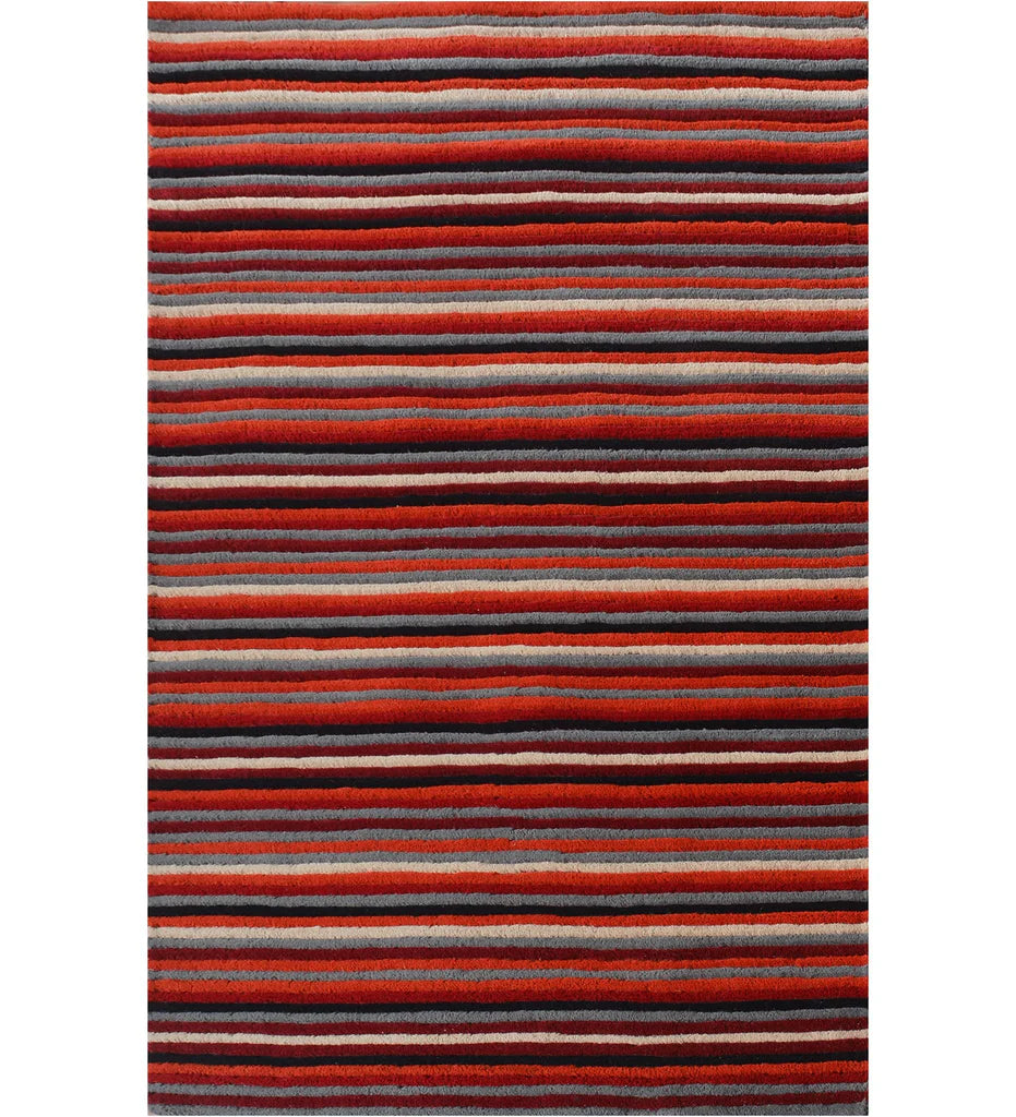 Red, orange, and grey striped hand-tufted wool rug