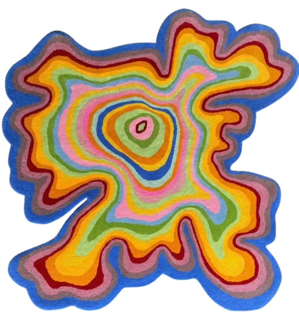 Multicolor hand-tufted irregular rug with vibrant concentric wavy patterns in blue, yellow, green, pink, and orange