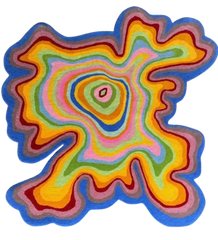 Multicolor hand-tufted irregular rug with vibrant concentric wavy patterns in blue, yellow, green, pink, and orange