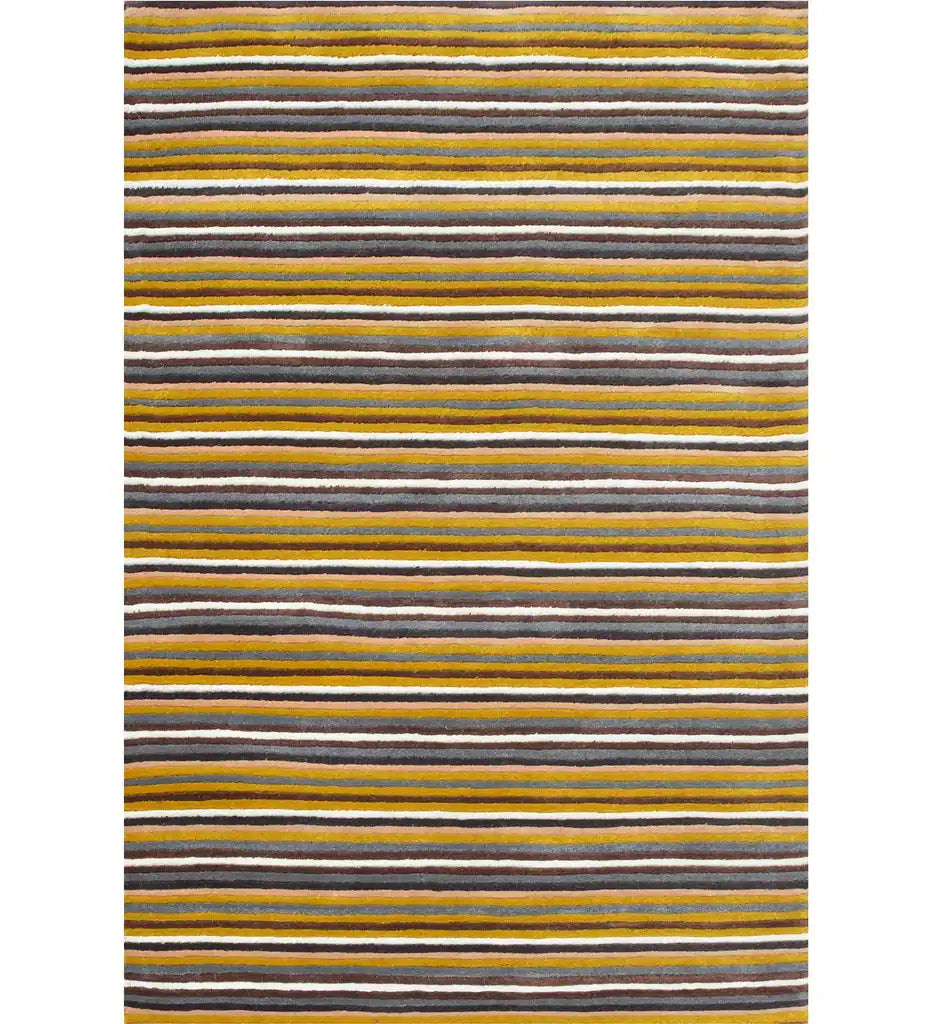 Striped hand-tufted wool rug in mustard yellow, grey, and brown