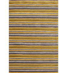 Striped hand-tufted wool rug in mustard yellow, grey, and brown