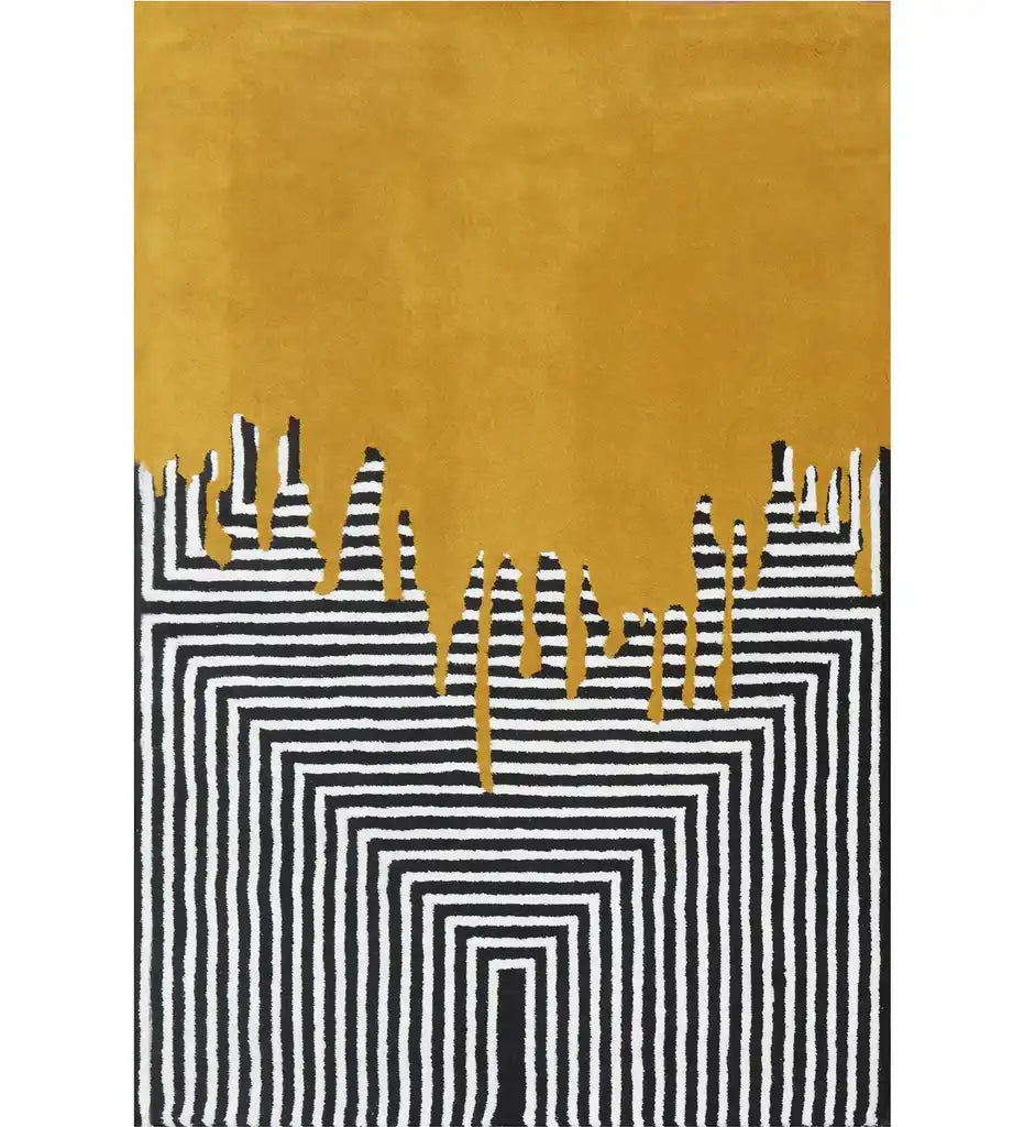 Mustard yellow and black hand-tufted wool area rug with geometric drip art design.