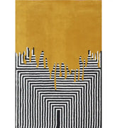 Mustard yellow and black hand-tufted wool area rug with geometric drip art design.
