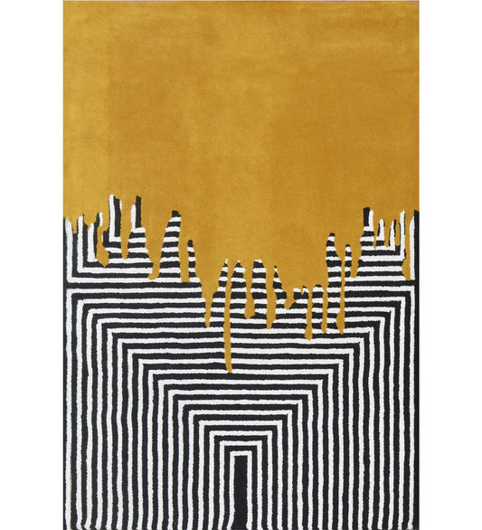 Mustard yellow and black hand-tufted wool area rug with geometric drip art design.