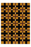 Rug with a geometric pattern of black, brown, and orange squares.