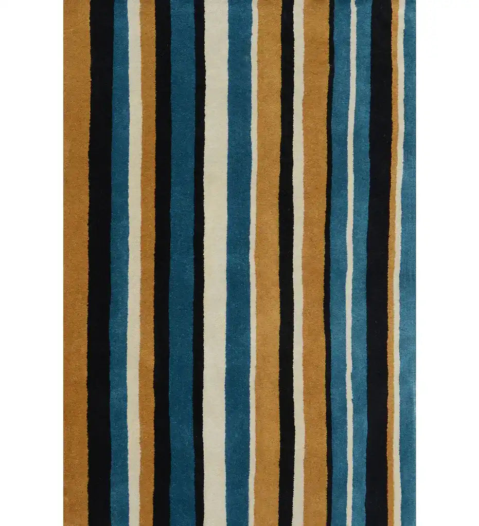 Mustard, teal blue, and black hand-tufted wool rug with modern vertical stripes.