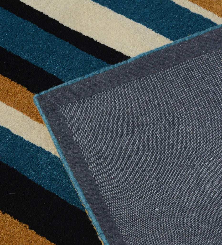Contemporary wool rug with mustard and teal stripes for living room dΓ©cor.