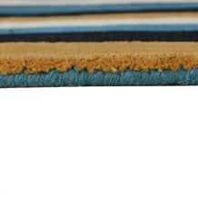 Handcrafted wool rug with modern striped pattern in mustard and blue.