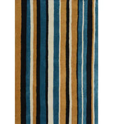 Mustard, teal blue, and black hand-tufted wool rug with modern vertical stripes.