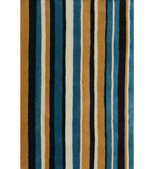 Mustard, teal blue, and black hand-tufted wool rug with modern vertical stripes.