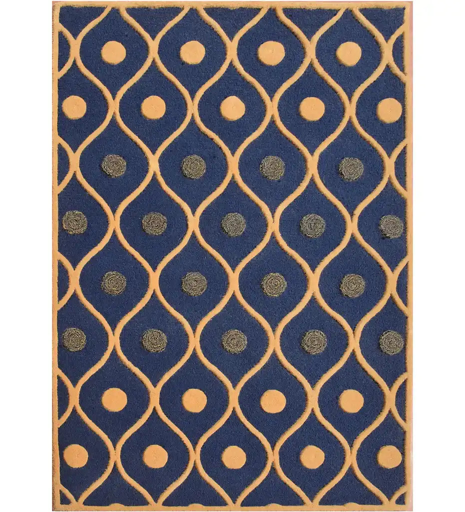 Navy blue geometric pattern rug with beige curved lines and circular dots in beige and dark gray