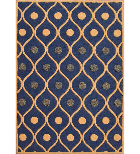 Geometric navy blue hand-tufted wool rug with dot and wave design