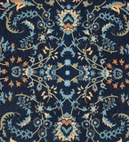 Navy blue traditional rug with intricate floral patterns in light blue, beige, and orange