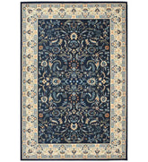Navy blue traditional rug with intricate motifs.