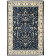 Navy blue traditional rug with intricate motifs.