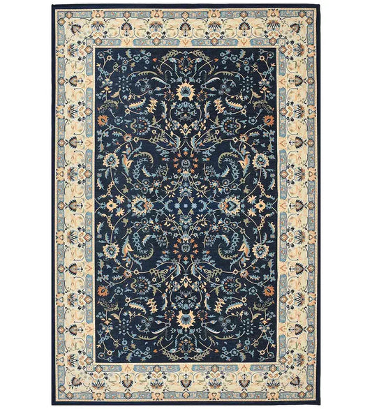 Navy blue traditional rug with intricate motifs.