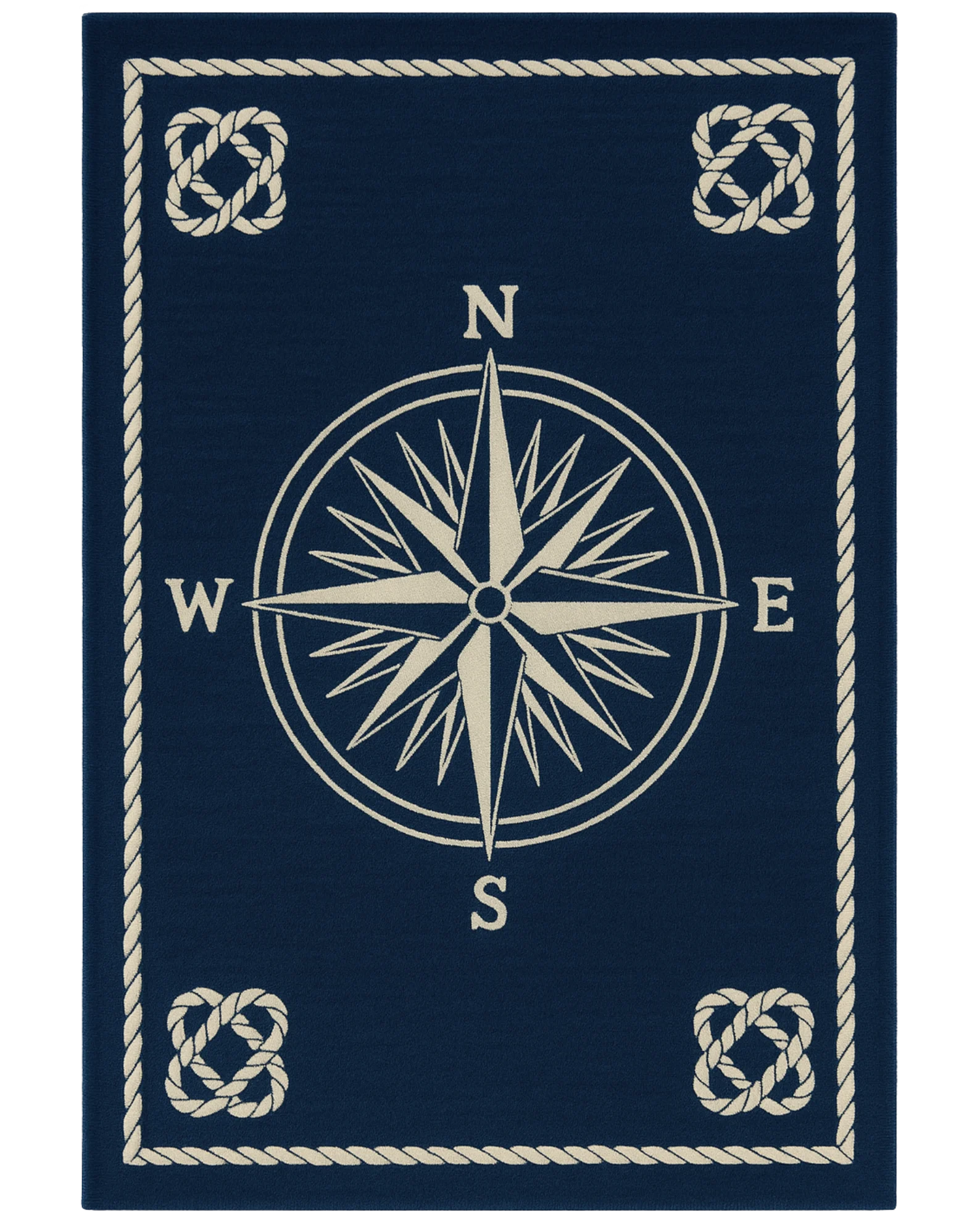 Navy blue and beige nautical rug with compass design.