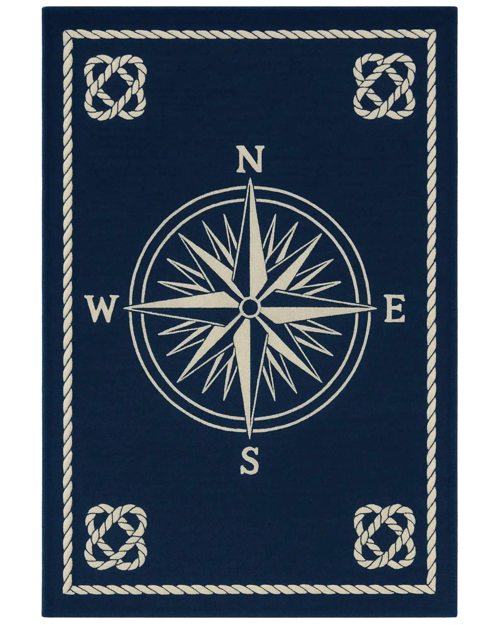 Navy blue and beige nautical rug with compass design.