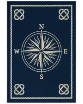 Navy blue and beige nautical rug with compass design.