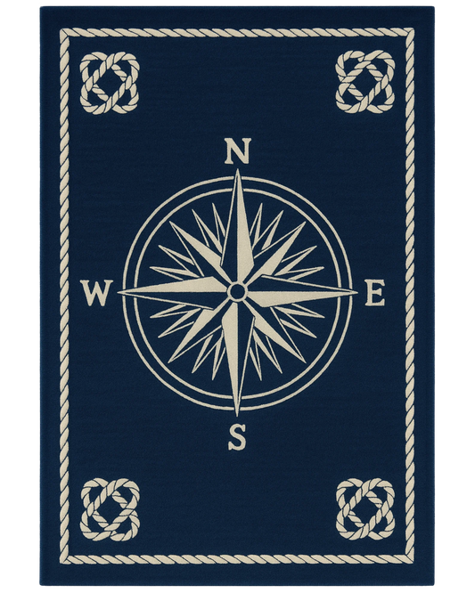 Navy blue and beige nautical rug with compass design.