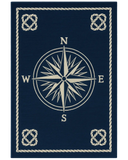 Navy blue and beige nautical rug with compass design.