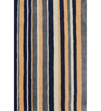 Navy blue, beige, and gray hand-tufted wool rug with vertical stripes.