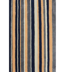 Navy blue, beige, and gray hand-tufted wool rug with vertical stripes.